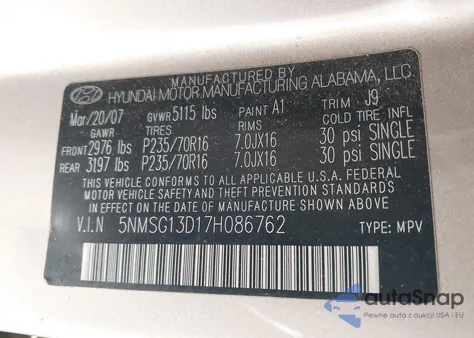 2007 Hyundai Santa Fe Gls z USA, uszkodzony, nr VIN 5NMSG13D17H086762